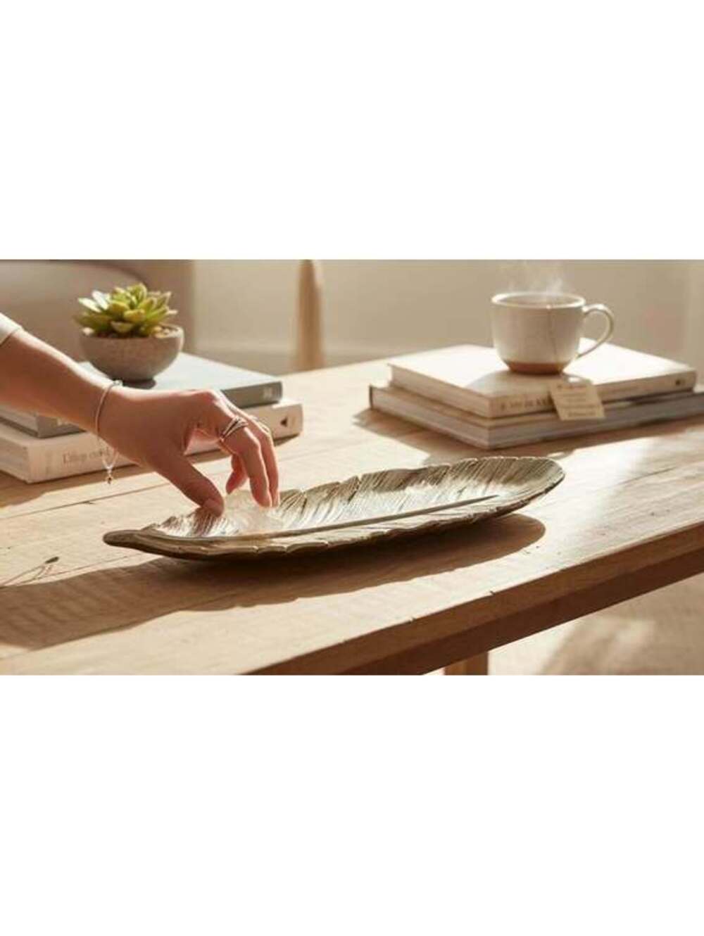 Arcilla Elemental Polystone Glam Metallic Feather Decorative Bowl in Silver - Picture 6 of 7